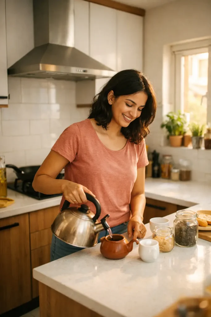 Warm lifestyle interior photography of a modular kitchen in a Bangalore